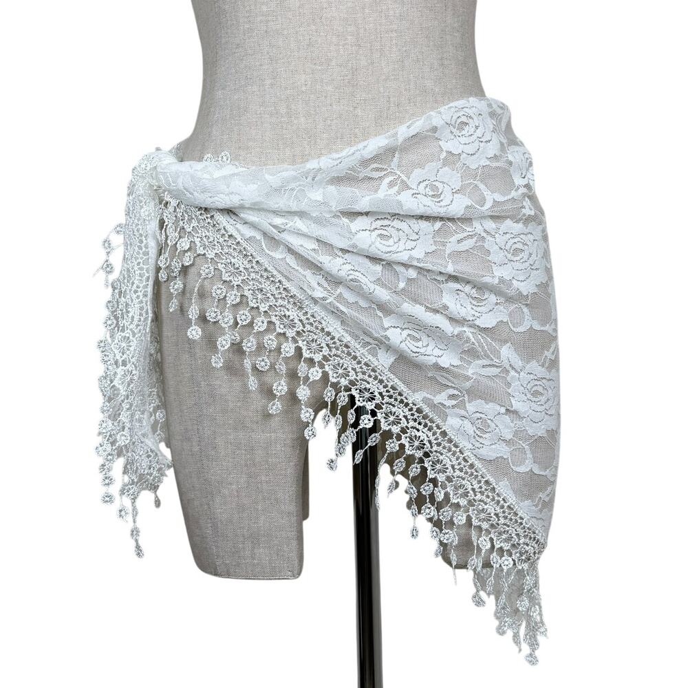 White Lace Mesh Triangle Hip Scarf Crochet Fringe Sheer Floral Romantic Boho